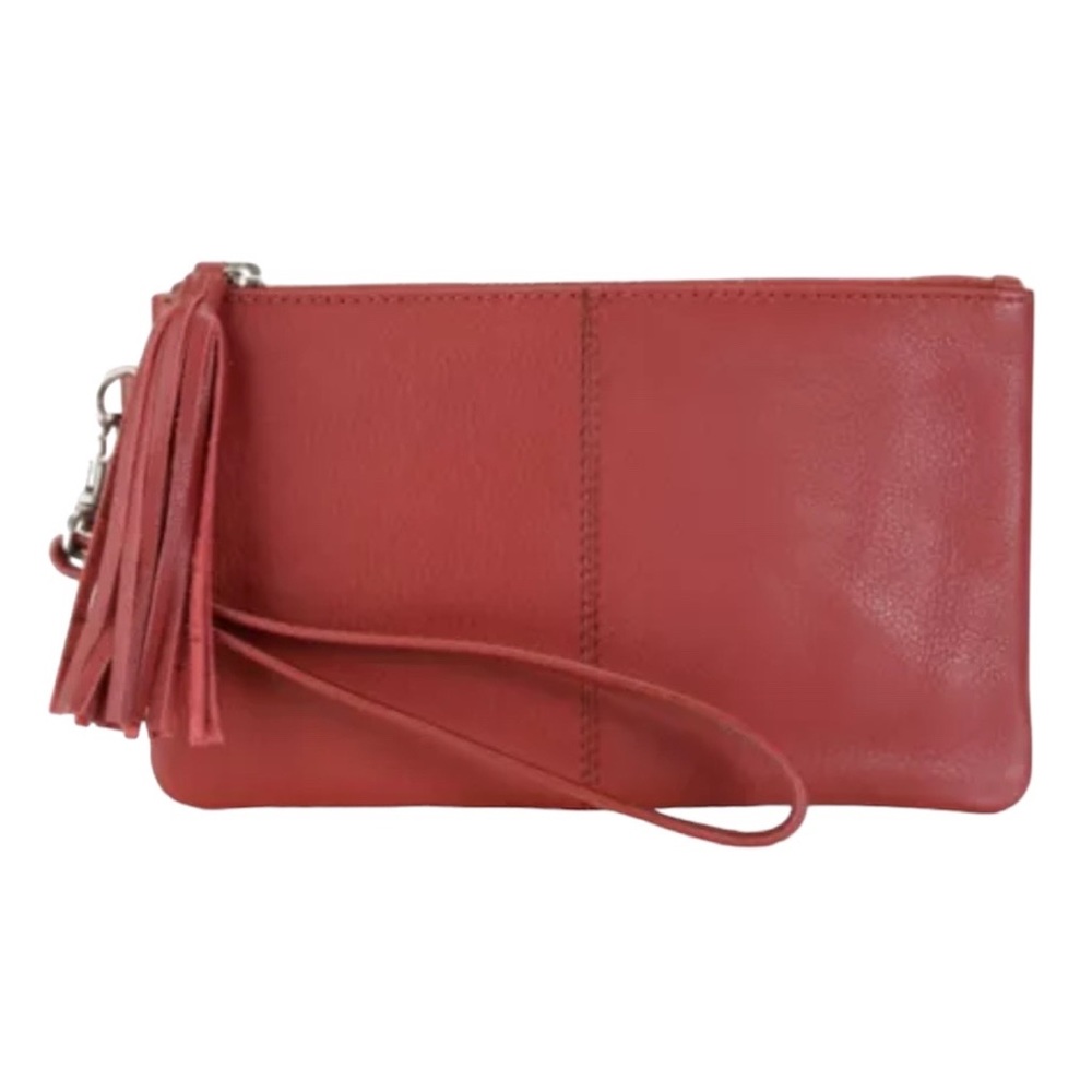 Hadaki "Katy's Leather clutch Deep Red pebbled leather tasseled wristlet NWOT